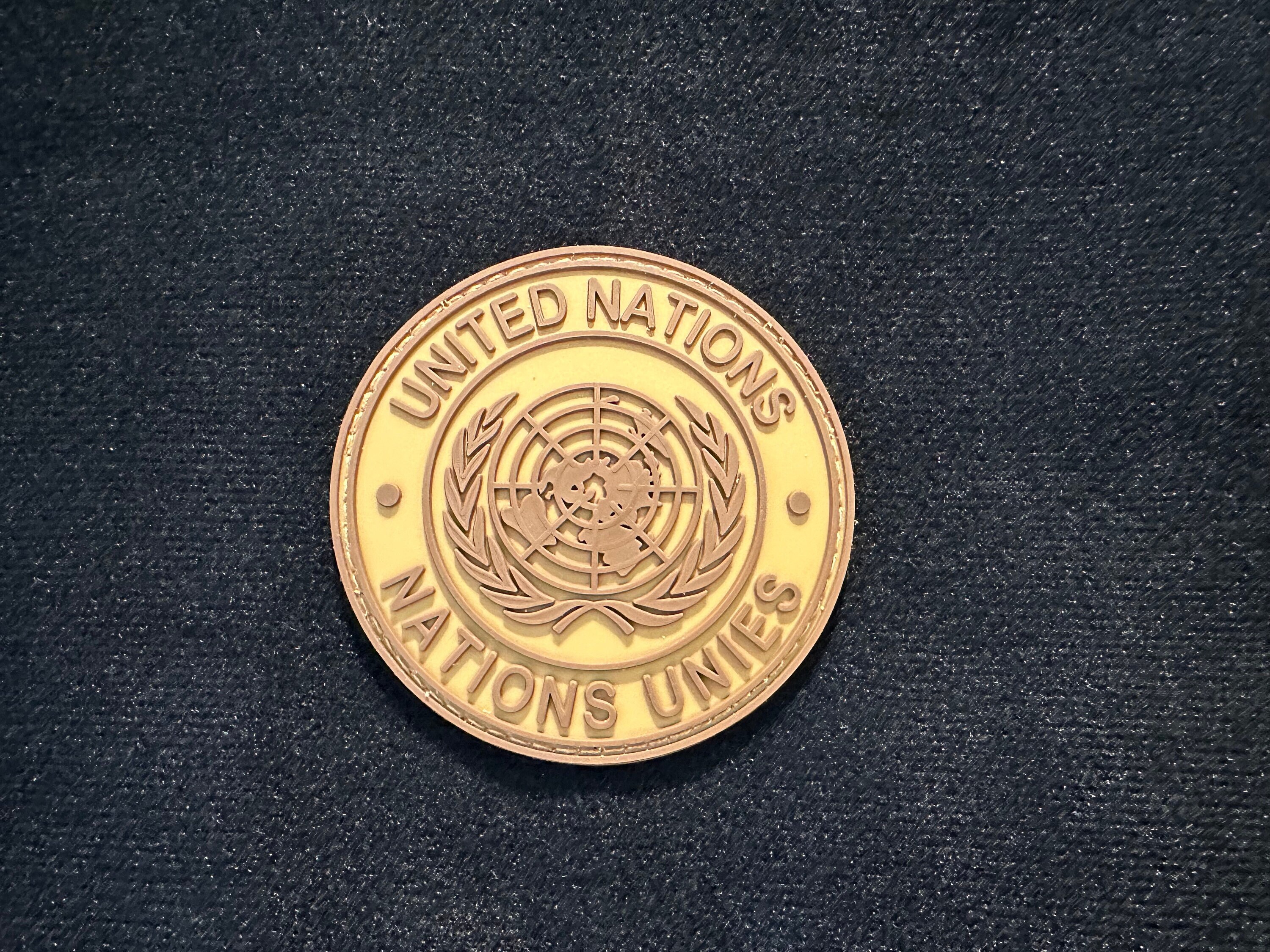 United Nations / UN, PVC Morale and Tactical Patch / Round / Big / Brown Colour, Hook and Loop / A3