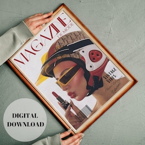 Retro Fashion Magazine Poster, Eclectic Wall Decor, Vintage Vogue Print, Red Vogue Wall Art, Y2K Apartment Canvas, 70s Trendy Painting