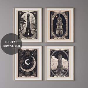 Gothic Tarot Card Set of 4, Tarot Cards, The Moon Tarot Card, The Tower Poster, Gothic Digital Art, Vintage Style Tarot Card, Trendy Posters