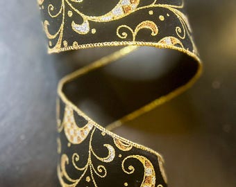 Black ribbon with gold & silver glitter — 2.5" wide, wired edge, sold by yard (2.5‑yd increments)