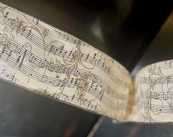Music notes and gold scrolls ribbon - 4" wide, cream with black print, wired edge, sold by yard (2.5‑yd increments)