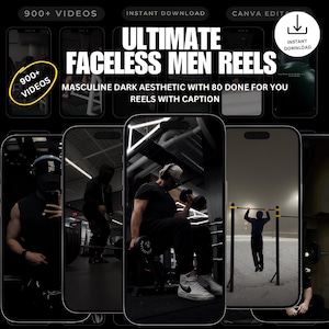 Op de afbeelding: Een collage van acht afbeeldingen die mannen laten zien die trainen in een sportschool. De afbeeldingen zijn in zwart-wit en hebben een donkere esthetiek. De tekst "ULTIMATE FACELESS MEN REELS" staat bovenaan de collage. De tekst "MASCULINE DARK AESTHETIC WITH 80 DONE FOR YOU REELS WITH CAPTION" staat onder de titel.