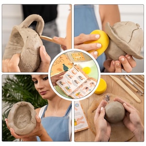 May include: A collage of four images showing different steps in a pottery project. The first image shows a person shaping a clay pot with a wooden tool. The second image shows a person smoothing a clay pot with a yellow sponge. The third image shows a person holding a clay pot with a small hole in the center. The fourth image shows a person shaping a round clay pot with their hands.