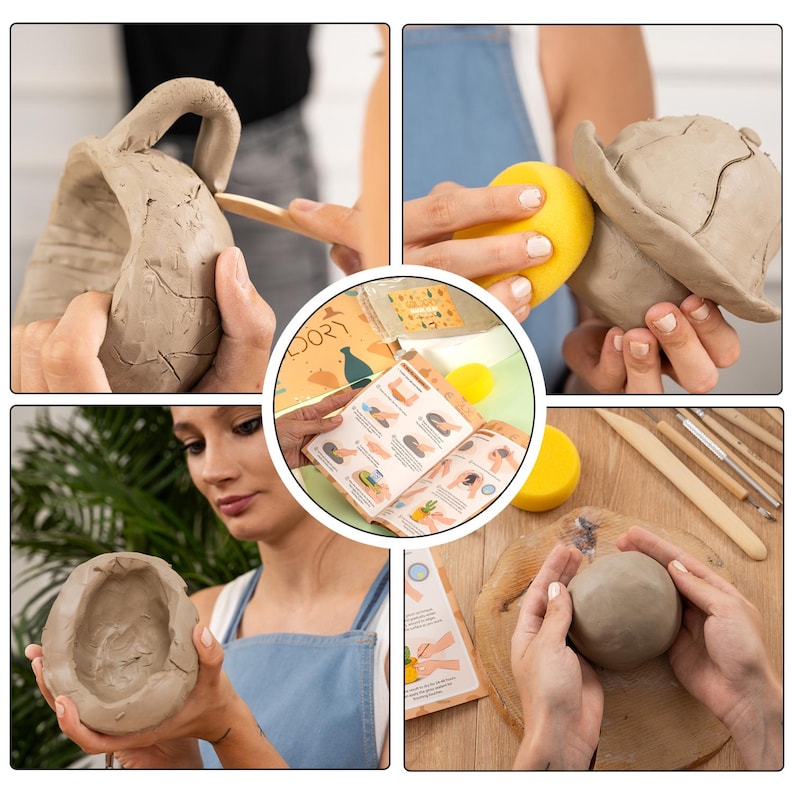 May include: A collage of four images showing different steps in a pottery project. The first image shows a person shaping a clay pot with a wooden tool. The second image shows a person smoothing a clay pot with a yellow sponge. The third image shows a person holding a clay pot with a small hole in the center. The fourth image shows a person shaping a round clay pot with their hands.