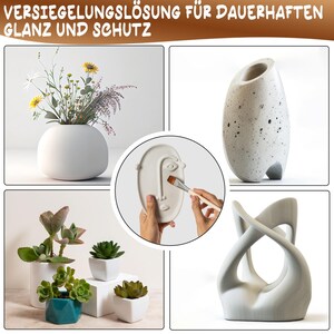 May include: A set of four white ceramic planters with different shapes and designs. The planters are shown with plants inside and a paintbrush is shown painting one of the planters. The text "VERSIEGELUNGSL&Ouml;SUNG F&Uuml;R DAUERHAFTEN GLANZ UND SCHUTZ" is shown at the top of the image.