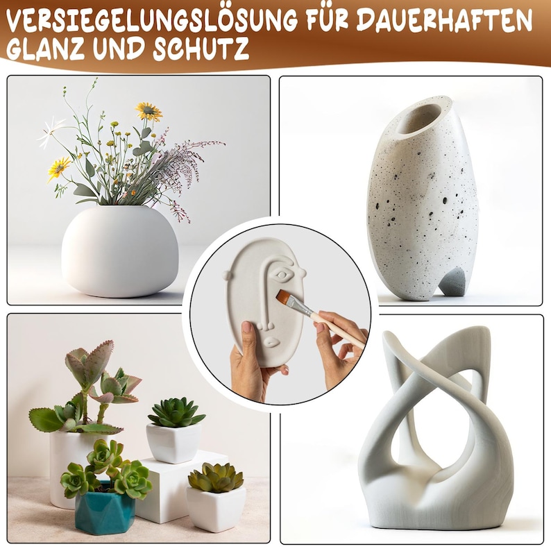 May include: A set of four white ceramic planters with different shapes and designs. The planters are shown with plants inside and a paintbrush is shown painting one of the planters. The text "VERSIEGELUNGSL&Ouml;SUNG F&Uuml;R DAUERHAFTEN GLANZ UND SCHUTZ" is shown at the top of the image.