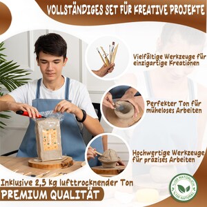 May include: A complete pottery set with 2.5 kg of air-drying clay, tools, and a wooden base. The set includes a variety of tools for shaping and sculpting clay, as well as a wooden base for displaying finished projects. The clay is a natural, air-drying clay that is perfect for beginners and experienced potters alike. The set is labeled "PREMIUM QUALIT&Auml;T" and "100% NAT&Uuml;RLICH".