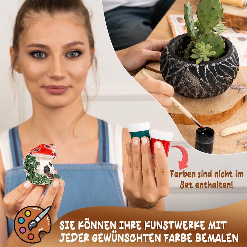 May include: A woman is holding a small ceramic mushroom figurine. The figurine is painted with green and red paint. The woman is also holding two small bottles of paint, one green and one red. The text on the image reads "Farben sind nicht im Set enthalten!" which translates to "Colors are not included in the set!"  The text below the image reads "SIE K&Ouml;NNEN IHRE KUNSTWERKE MIT JEDER GEW&Uuml;NSCHTEN FARBE BEMALEN" which translates to "YOU CAN PAINT YOUR ARTWORKS WITH ANY DESIRED COLOR".