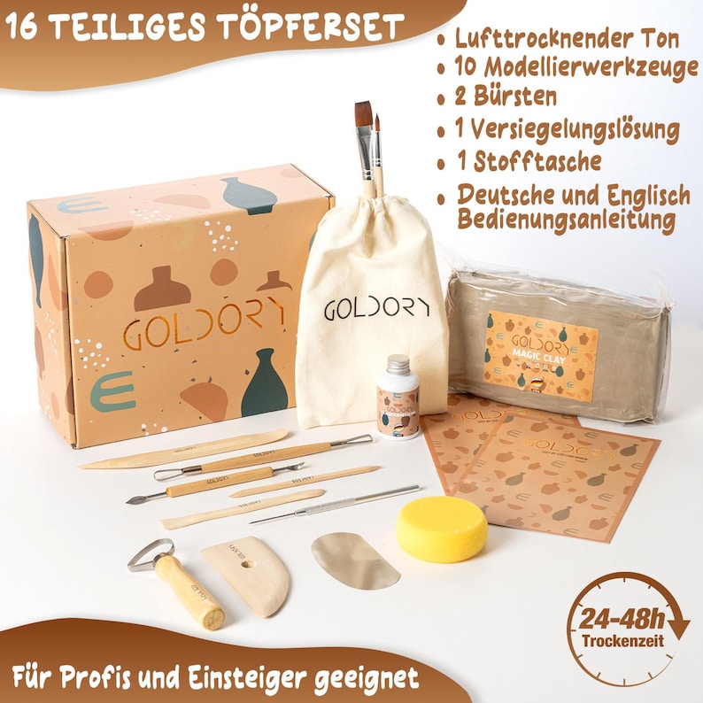 May include: A 16-piece pottery set with air-drying clay, tools, brushes, and a sealant. The set includes a storage bag, instructions, and a sponge. The packaging features a brown and beige pattern with the word "GOLDORY!" printed on it. The text "For Pros and Beginners" is printed on the bottom of the image. The text "24-48h Drying Time" is printed in a yellow box on the bottom right corner of the image.