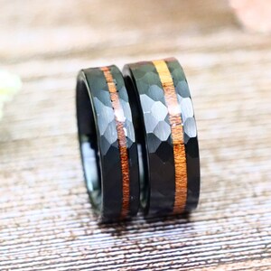 Black Ring with Koa Wood for Men Women, Black Hammered Wedding Band for Men, Black Tungsten Ring, Wood Ring for Him Couple Wedding Band Ring