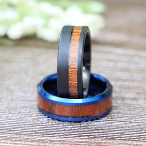 Hawaiian Koa Black Tungsten Wedding Band Wood Ring Blue Tungsten Carbide Ring Hawaiian Koa Wood Inlay Center Mens Womens Unique Wedding Ring