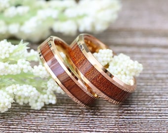 Hawaiian Koa Wood Inlay Center Ring, Mens Rose Gold Wedding Ring, 6mm/8mm Koa Wood Wedding Band, Mens Engagement Ring, Couple Wood Ring Band