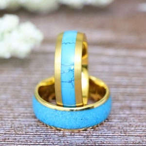Turquoise Mens Wedding Ring, Women&#39;s Wedding Band, Yellow Gold Wedding Ring, Blue Turquoise Inlay Tungsten Wedding Ring Men&#39;s Tungsten Rings