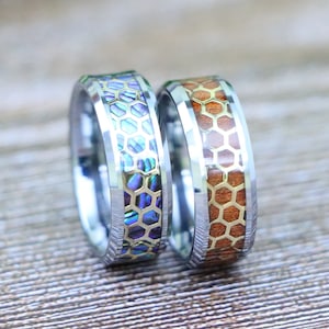 Honeycomb Pattern Wood Inlay Tungsten Engagement Ring, Mens or Womens Wedding Ring, Mens Unique Wood Anniversary Ring, Abalone Tungsten Ring