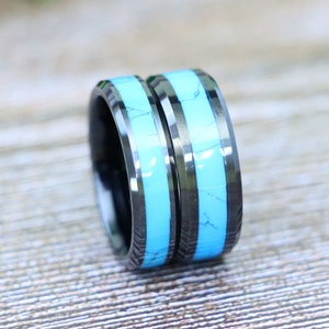Couple Tungsten Blue Turquoise Wedding Ring, Black Tungsten Ring, Engagement Band, Men&#39;s Ring, Women&#39;s Ring, Laser Engraved Anniversary Ring