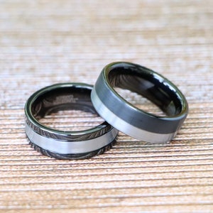 Black and Silver Wedding Ring, Men&#39;s Black Ring, Man&#39;s Wedding Band, Husband Anniversary Gift, Black Ring With Silver, Guys Engagement Rings