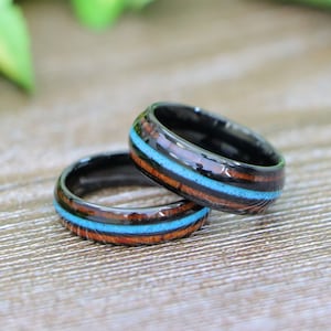 Koa Wood Tungsten Rings Black Tungsten Ring Turquoise Tungsten Wedding Ring Koa Wood Wedding Ring Anniversary Rings Matching Engagement Ring