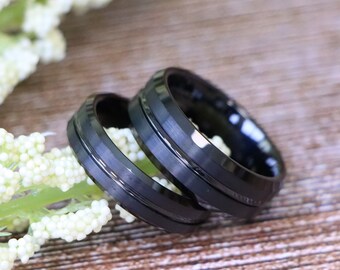 Couple Wedding Ring, Shiny Grooved Center Brushed Black His Her Tungsten Band, Black Engagement Ring for Men And Women Matching Wedding Band