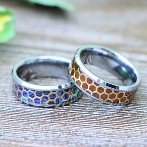 Men&#39;s Honeycomb Ring, Honeycomb Cut Out Inlay Rosewood Inlay Tungsten Engagement Band, Abalone Inlay Tungsten Wedding Band Wood Wedding Ring