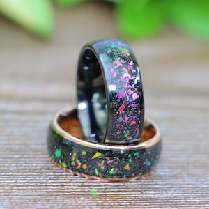 Unique Opal Abalone Fragment Inlay Rose Gold Wedding Band Tungsten, 8MM Purple His Hers Anniversary Gift Men Women Rings, Galaxy Opal Rings