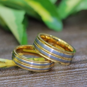 Husbands Ring, Engagement Ring, Promise Ring for Him, Yellow Gold Tungsten Wedding Ring Gunmetal Men Wedding Band, Engraved Anniversary Ring