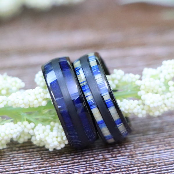 Unique Bamboo Tree Inlay Black Dome Wedding Ring, Men's Anniversary Band, Engagement Wedding Ring, Blue Exotic Wood Inlay Ring , Couple Ring