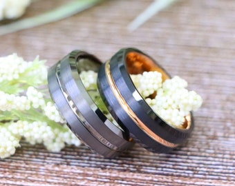 His and her Promise Ring, Couples Ring, Mens Wedding Bands, Ring for Women, Black & Rose Gold Tungsten Rings, Gray Tungsten Engagement Ring