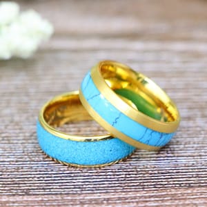 Blue Turquoise Inlay Tungsten Wedding Ring, Gold Wedding Rings, Yellow Gold Tungsten Wedding Bands, Turquoise Engagement Ring for Men Women