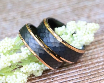 Hammered Tungsten Ring His/Her Wedding Ring, Black Rose Gold Hammered Wedding Band, Engagement Ring, Personalized Matching Gift, Couple Band