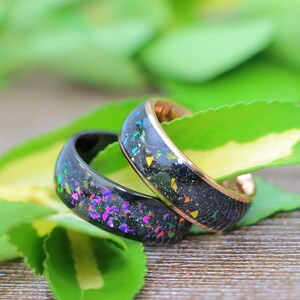 Personalized Man Wedding Ring, Galaxy Opal Wedding Band, Rose Gold Tungsten Engagement Ring, Abalone & Opal Rings, Anniversary Gift for Man