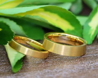 Men's Ring, Tungsten Ring, Yellow Gold Mens Band, Brushed Flat Pipe Ring, Women's 6mm 4mm Couple Ring, Unisex Wedding Ring, Anniversary Ring