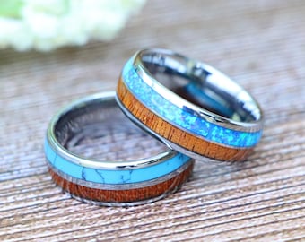 Hawaiian Koa Wood Blue Opal Double Inlay High Polished Tungsten Wedding Band ,Personalized Engrave Promise Ring Him, Turquoise Wedding Rings