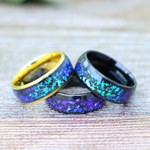 Custom Engraved Wedding Rings, Opal Rings, Abalone Ring, Galaxy Opal Wedding Band, Nebula Ring, Gold Tungsten Ring, Anniversary Gift for Man