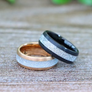 Rose Gold Wedding Band for Men, Unisex Engagement Ring, Black Tungsten Mens Wedding Band with Meteorite Inlay, Silver Meteorite Wedding Ring