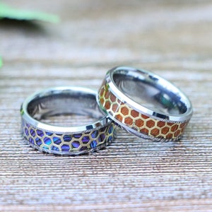 Men&#39;s Abalone Inlay Honeycomb Silver Beveled Edge, Couple Wedding Band, Personalized Engrave Wedding Rings for Men, Anniversary Gift for Him
