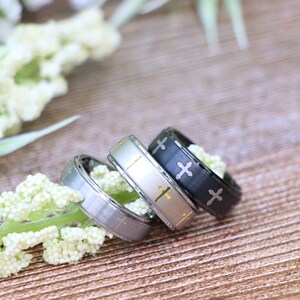 8mm Cross Ring, Black Tungsten Wedding Ring, Personalized Engraved Ring ...