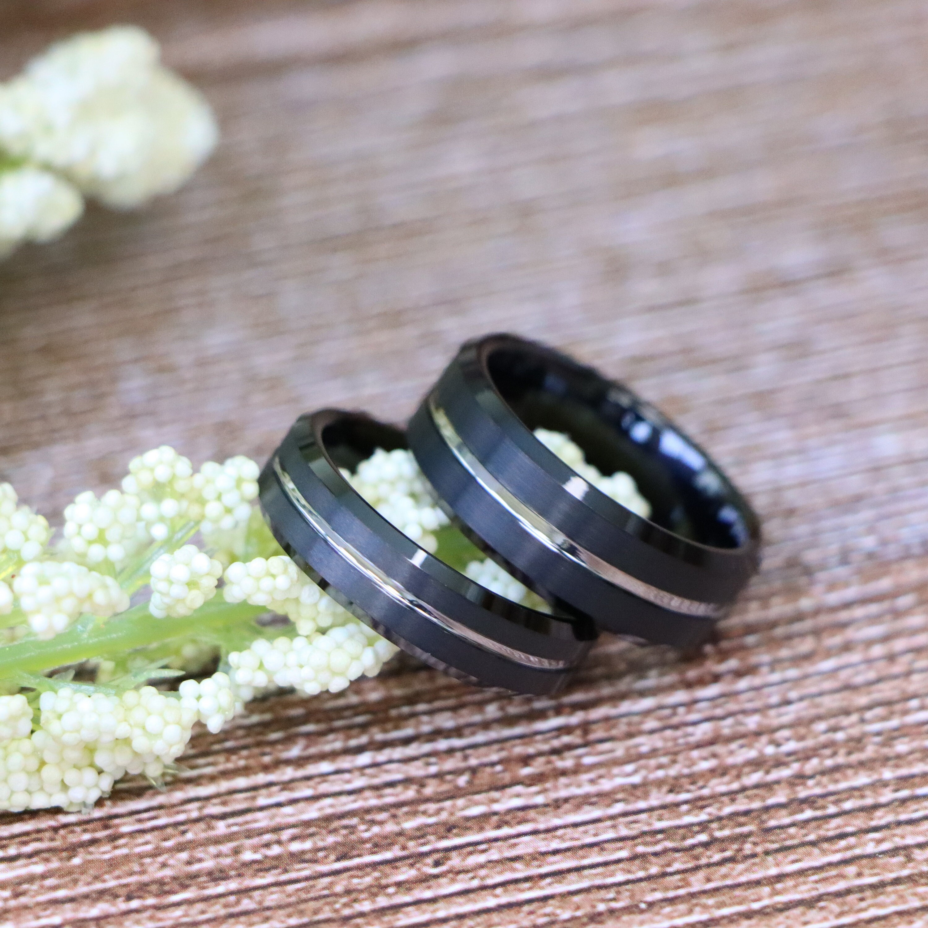 Thin Line Rings Couple Matching Ring, Black Tungsten Engagement Rings, Silver White ...