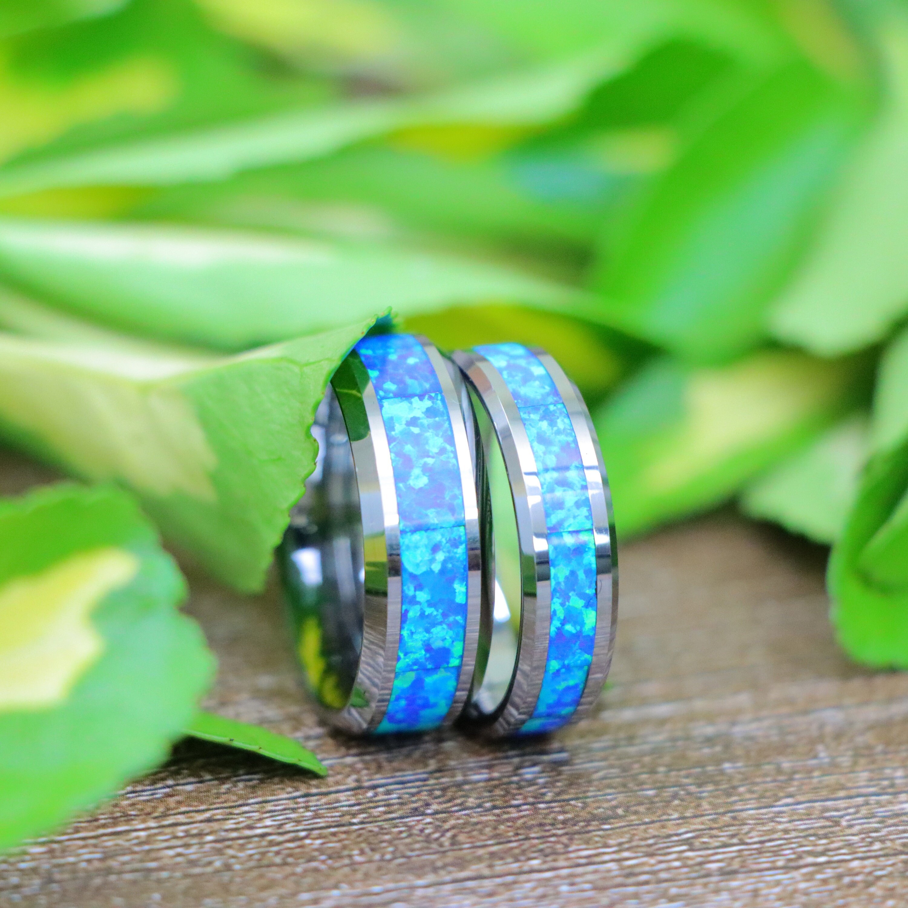 Men's And Women's Ring Couple Anniversary Bands Green Blue Fire Opal Ring Silver Tungsten Wedding Ring Christmas Gift, Valentine Gifts