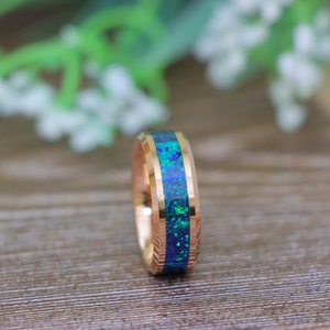Rose Gold Tungsten Proposal Ring Emerald Green Opal Ring Mens & Women&#39;s Engagement Ring, Couple Promise Ring Christmas Gift, Valentine Gifts