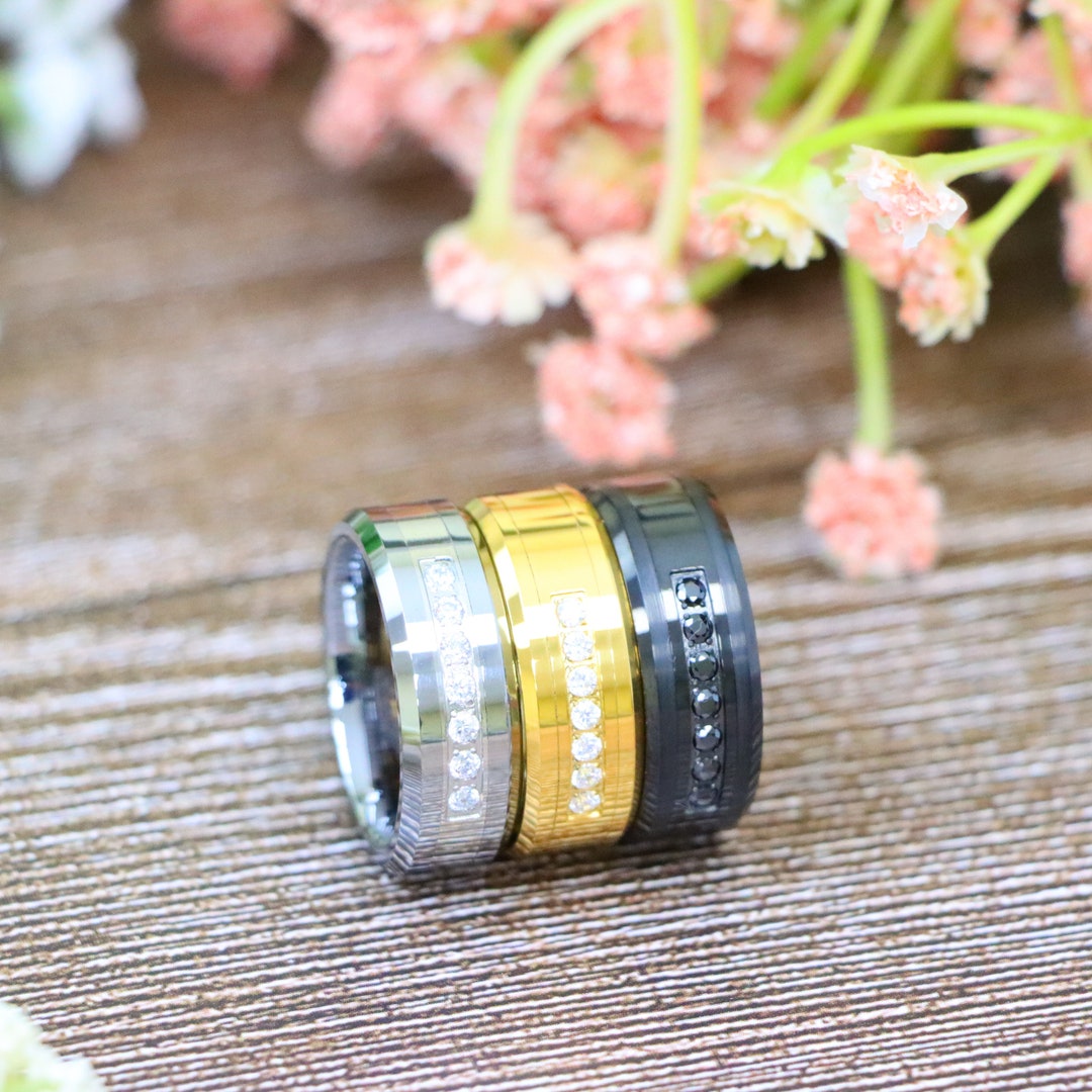 Man's Black CZ Stone Band Tungsten, Silver Tungsten Engagement Rings ...