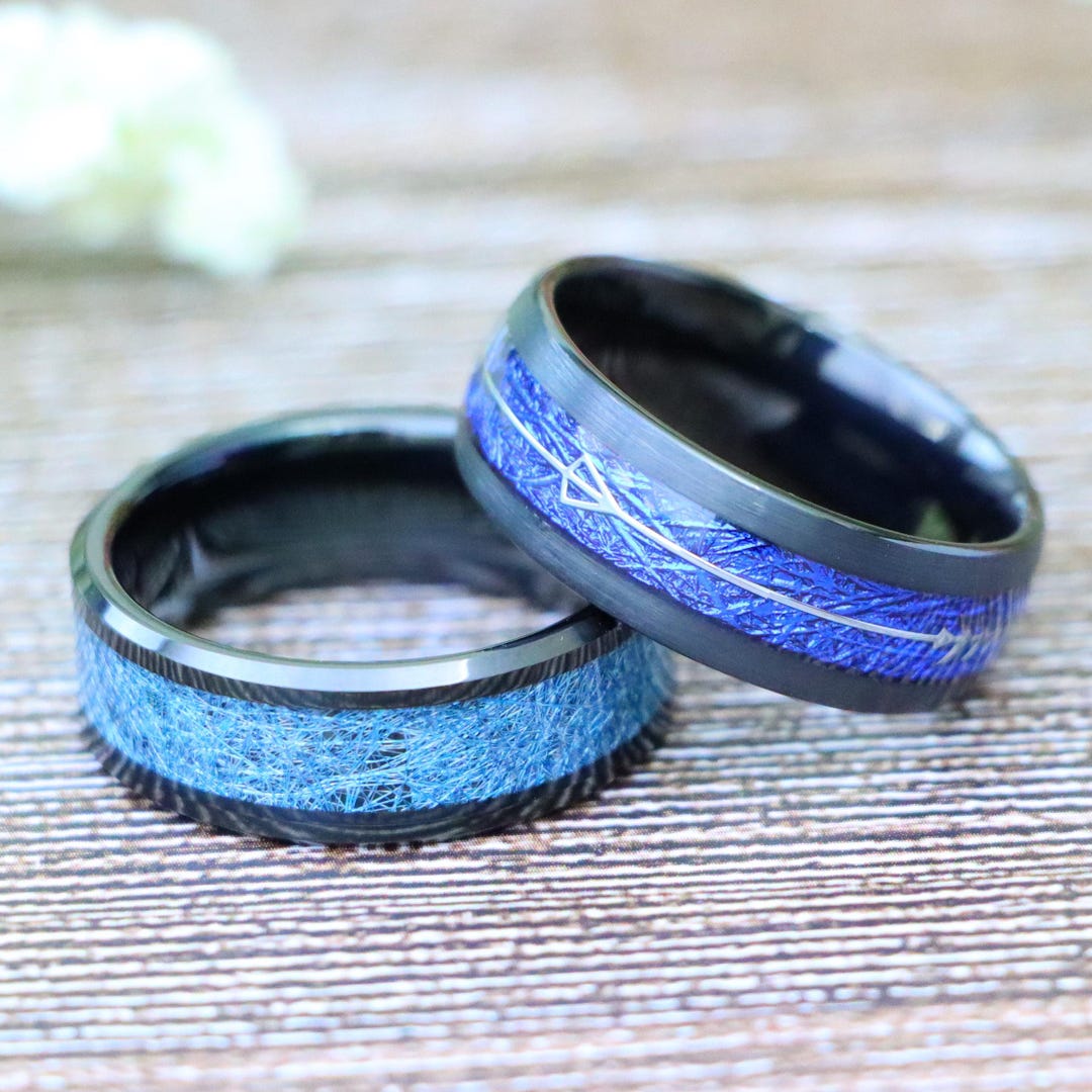Fancy Blue Silk Thread Inlay Wedding Band, Black Tungsten 8mm Men's ...