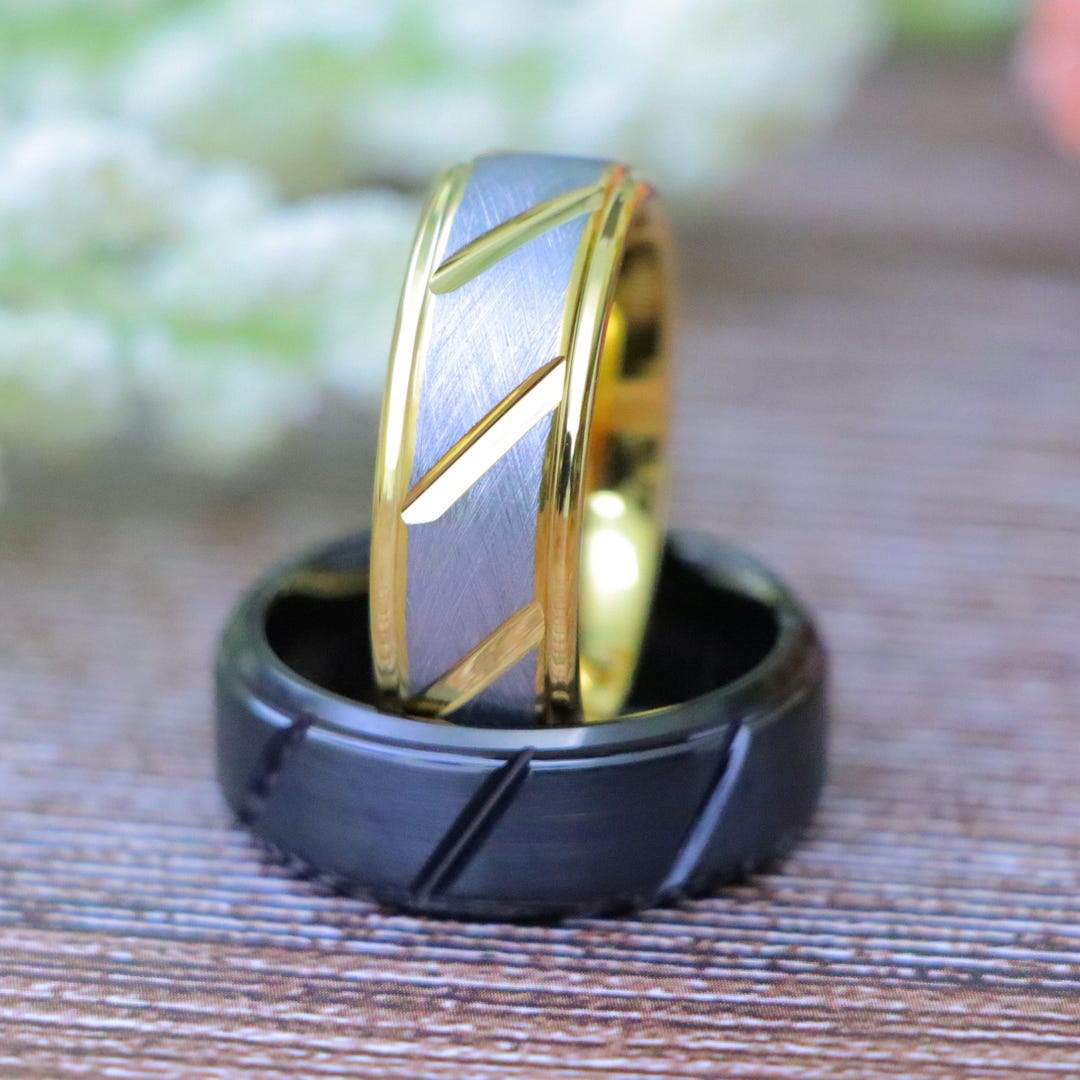 Vertical Grooved Men's Wedding Rings, Black Tungsten Engagement Ring ...