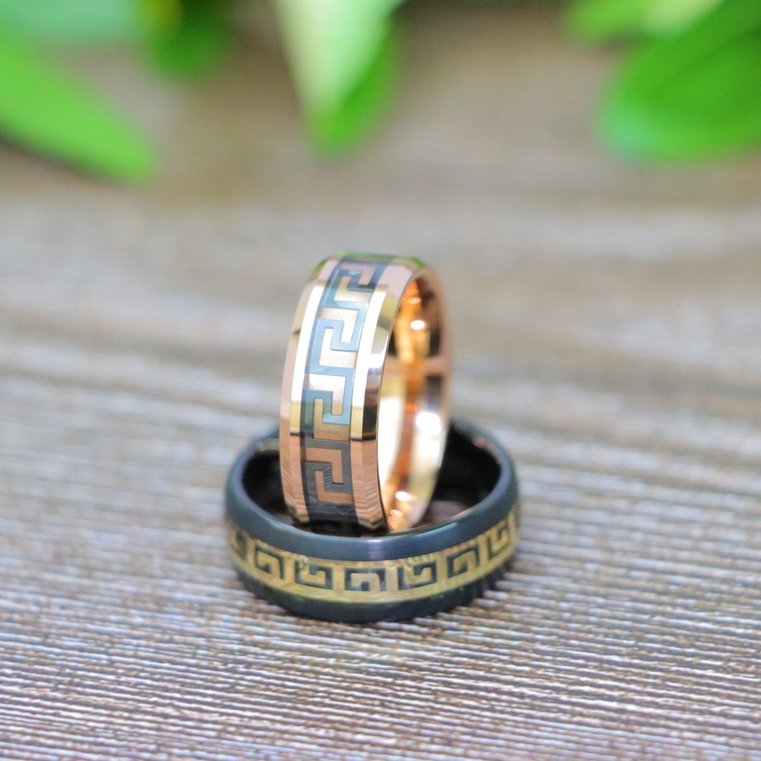 Black Tungsten Wedding Ring Greek Key Inlay Ring, Rose Gold Tungsten ...