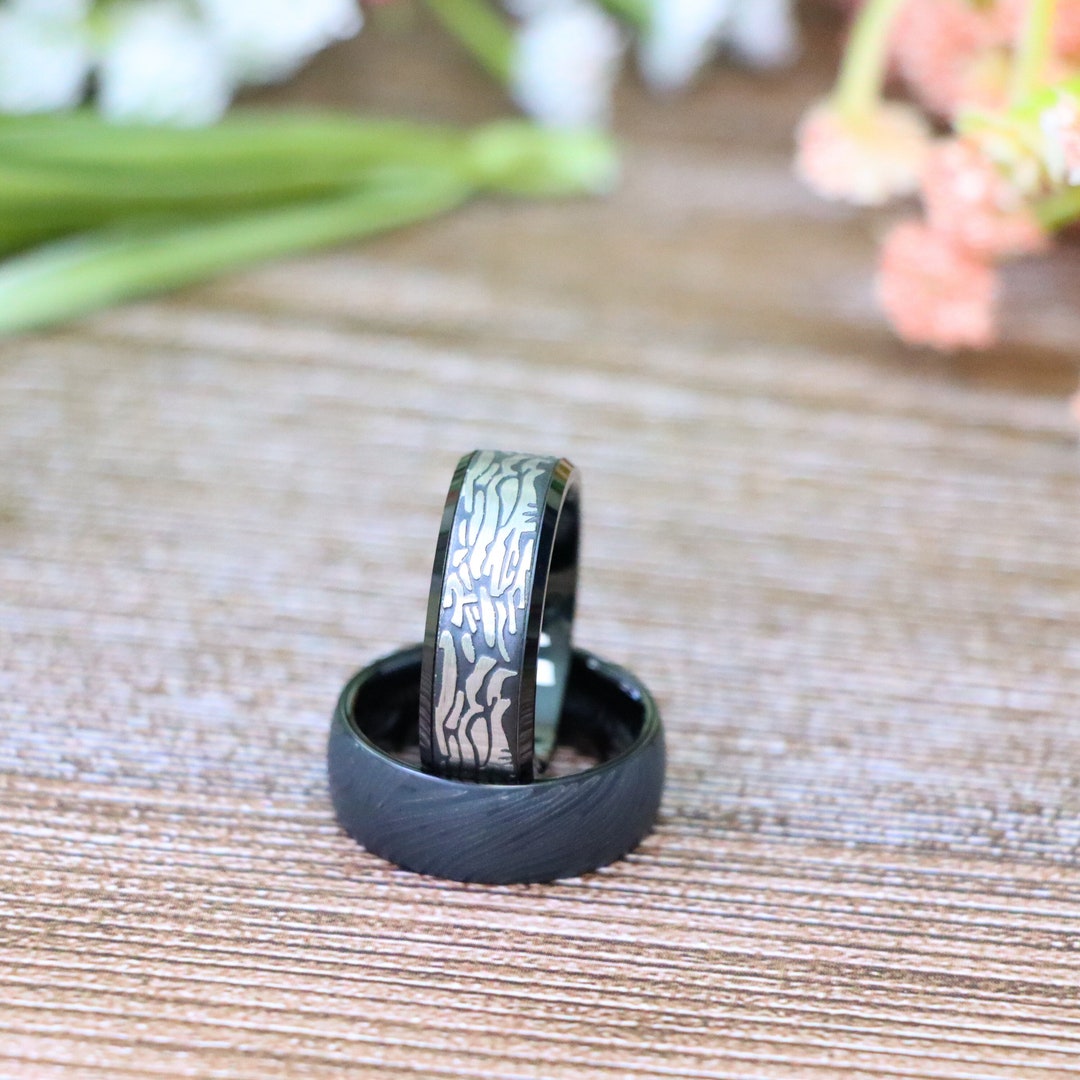 Black Tungsten Ring, Carved Rock Pattern Tungsten Ring, Mens Wedding ...