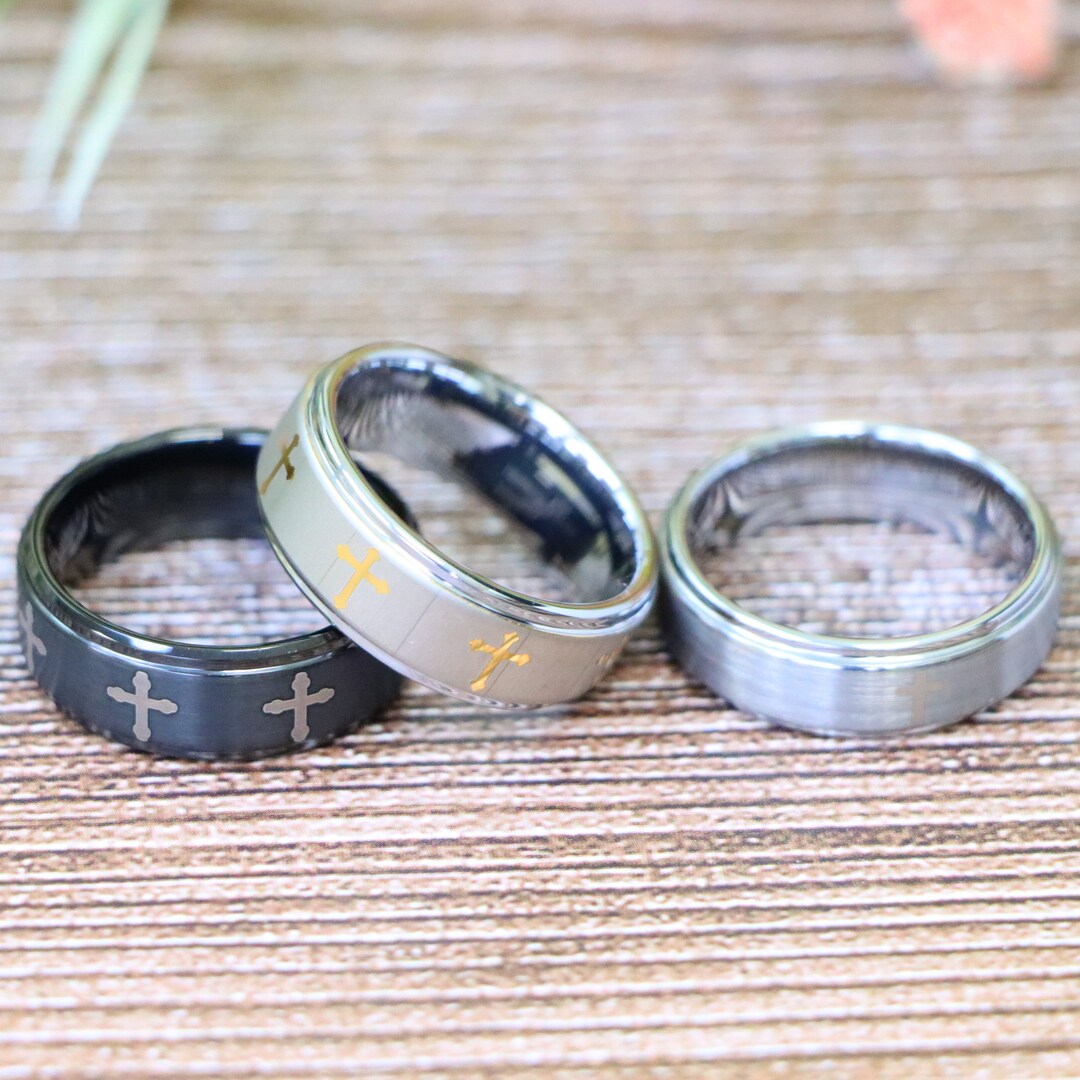 8mm Cross Ring, Black Tungsten Wedding Ring, Personalized Engrave ...