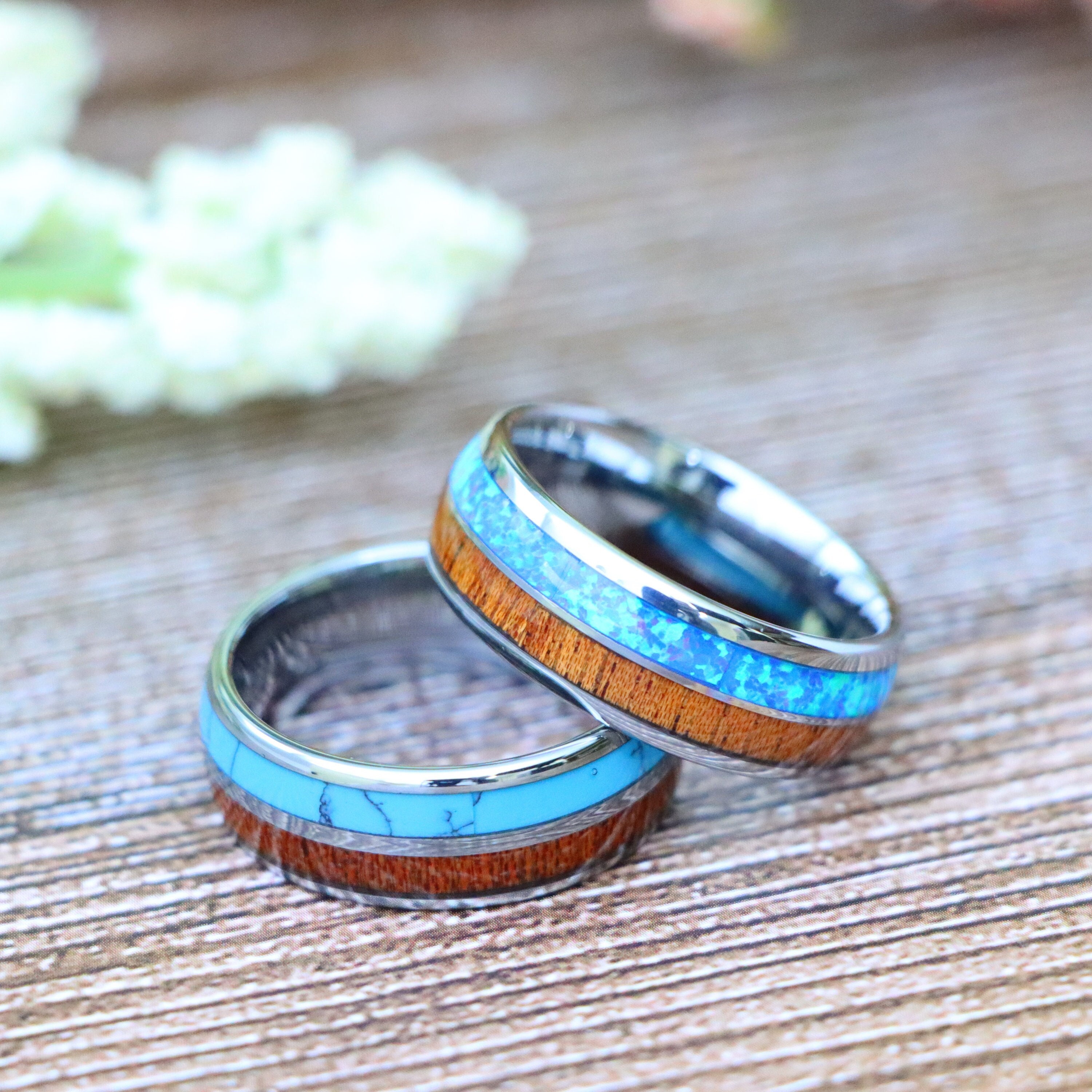 Hawaiian Koa Wood Blue Opal Double Inlay High Polished Tungsten