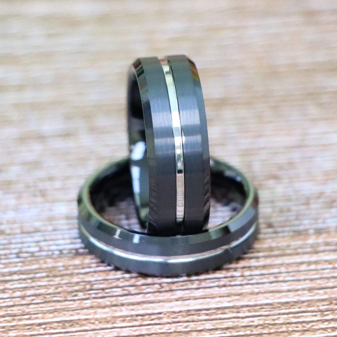 Thin Line Rings Couple Matching Ring, Black Tungsten Engagement Rings, Silver White ...