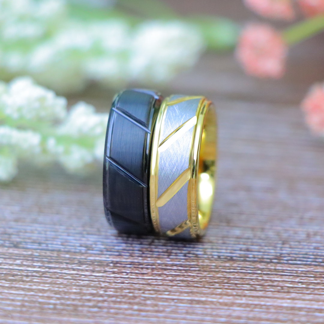 Vertical Grooved Patten Rings, Black Tungsten Engagement Ring, Yellow ...