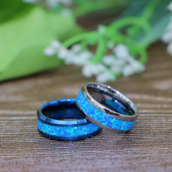 Fire Opal Men's Ring, Blue Green Opal Inlay Tungsten Wedding Ring