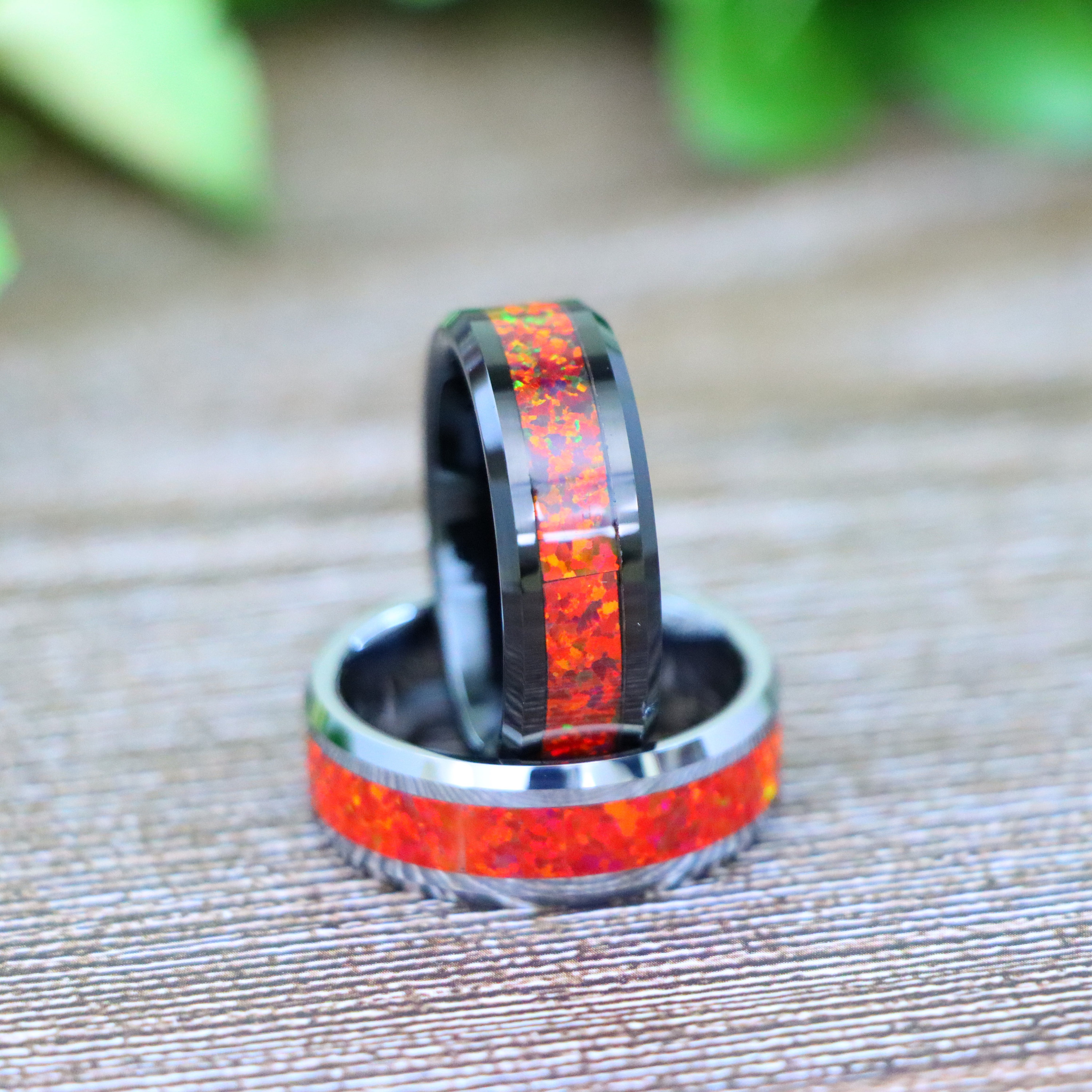 Black Tungsten Red Fire Opal Inlay Wedding Band Men's Opal Silver ...